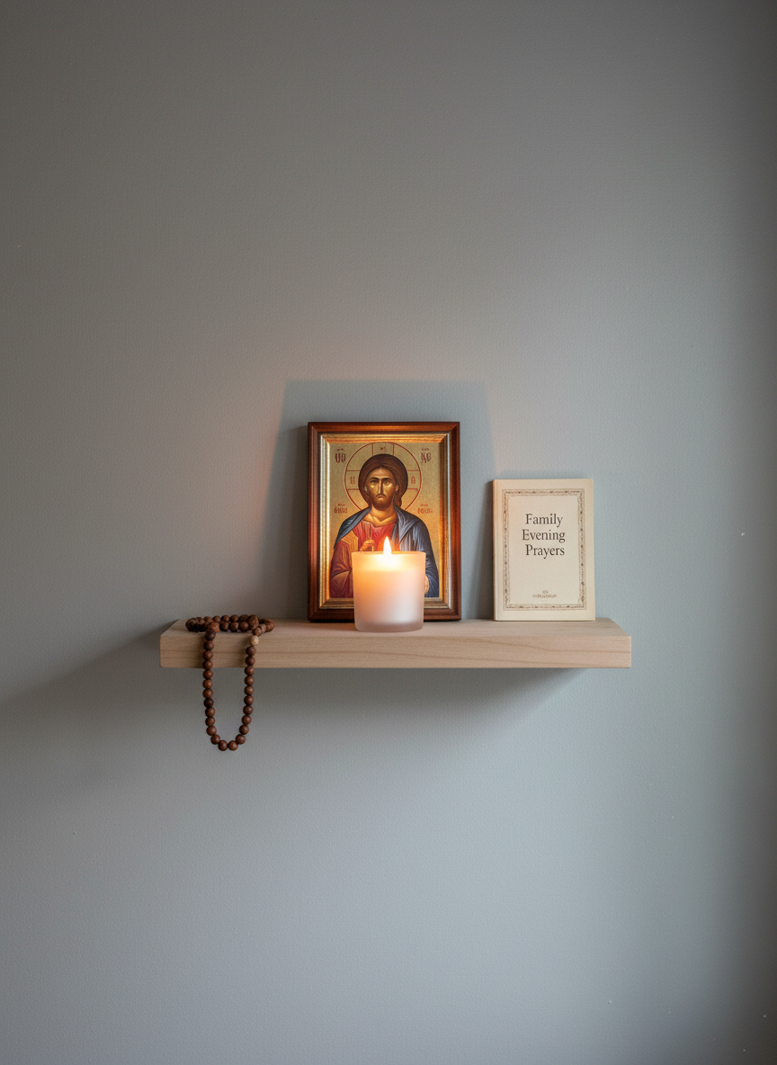 A serene home prayer nook centered around a modest wooden shelf mounted on a smooth, light gray wall, holding a small framed icon of Christ with rich, detailed colors behind protective glass. Below the icon, a simple white votive candle in a frosted glass holder glows softly, casting a warm halo of light and gentle shadows on the wall. A well-used wooden rosary with dark beads is coiled neatly beside a slim booklet titled “Family Evening Prayers.” The scene is lit by a blend of the candle’s warm glow and soft, indirect natural light from the right, creating a contemplative, peaceful mood. Photographed straight on in photographic realism, the composition is balanced and uncluttered, ideal for illustrating domestic Catholic devotion.
